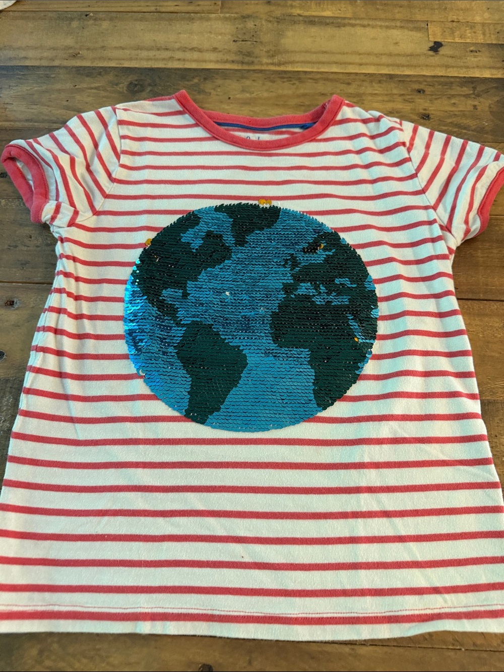 Girls' Mini Boden Pink Striped Sequin Globe Tee